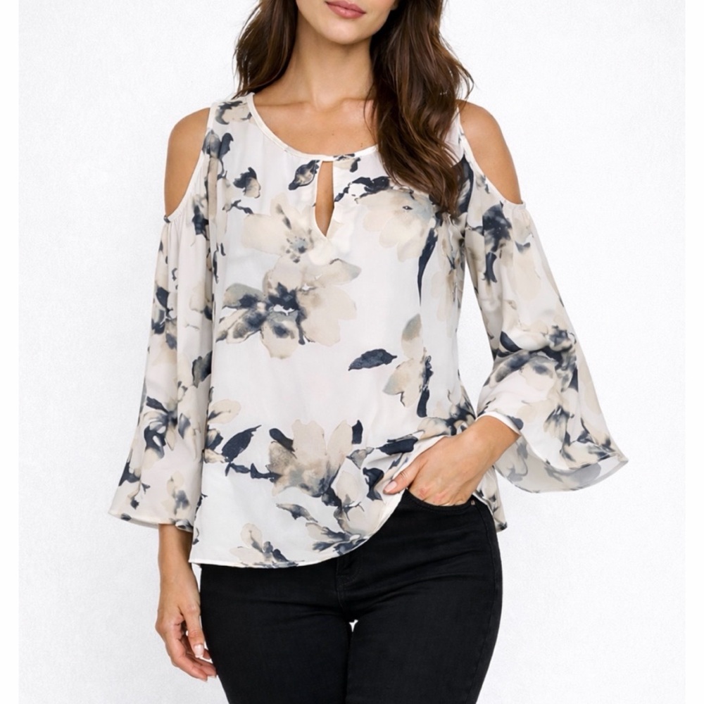 VERONICA M. • Cream/Black Floral Watercolor Print Cold Shoulder Blouse, L